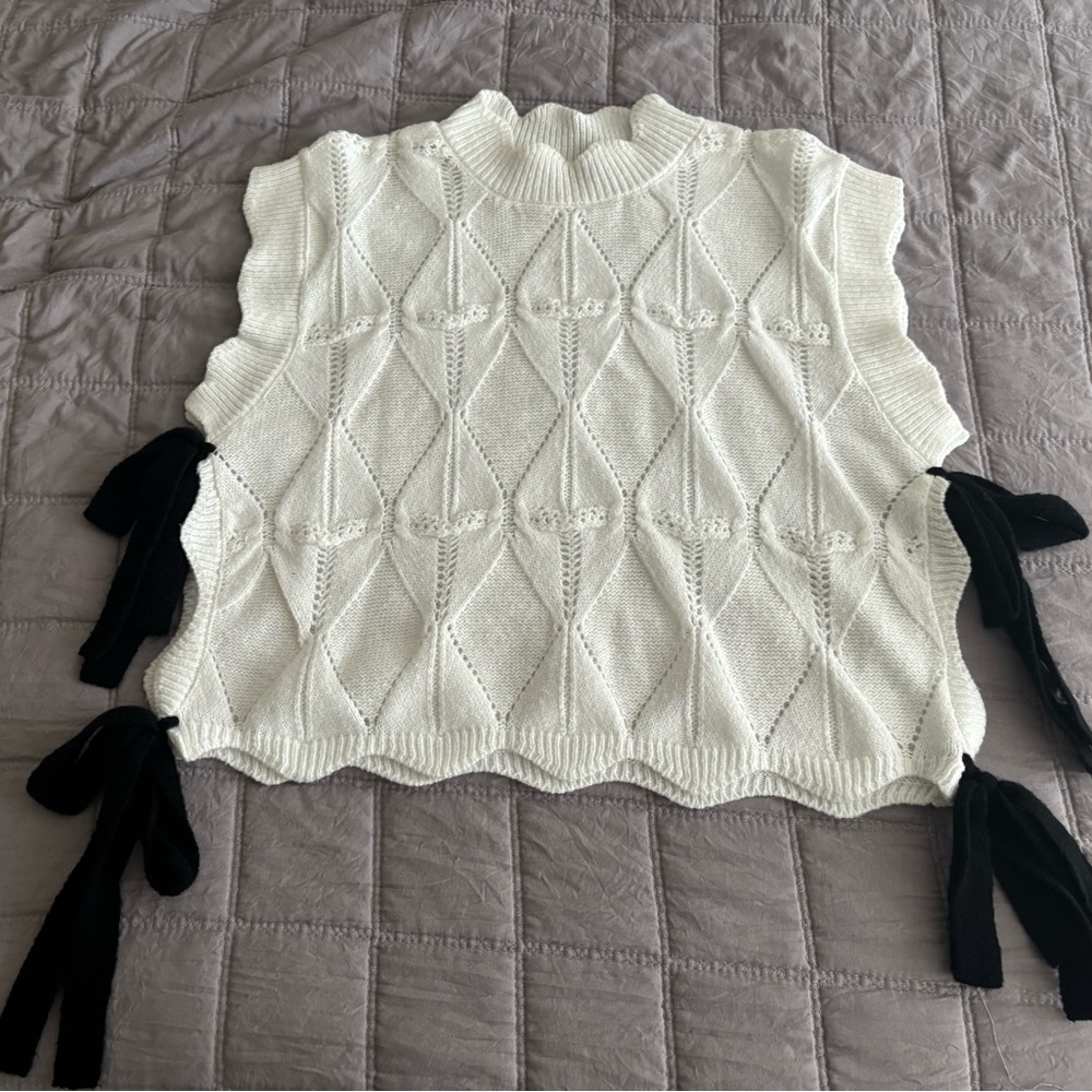 White Knit Sleeveless Sweater Top with Side Tie Detail